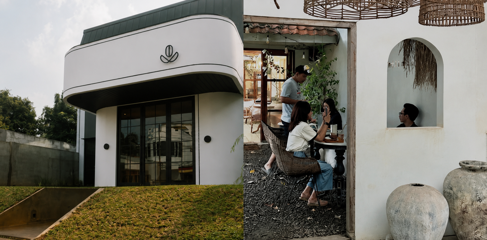 Suasana kafe Bloomed Coffee di Jakarta Timur dengan desain estetik modern dan area outdoor bernuansa tropical yang nyaman untuk nongkrong dan work from cafe.