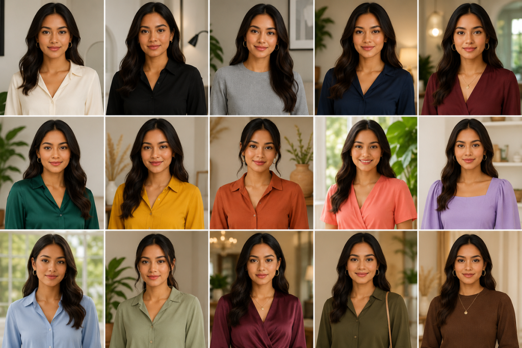 Wanita berkulit sawo matang mengenakan baju warna navy, maroon, emerald green, dan terracotta sebagai inspirasi outfit yang membuat kulit tampak lebih cerah.