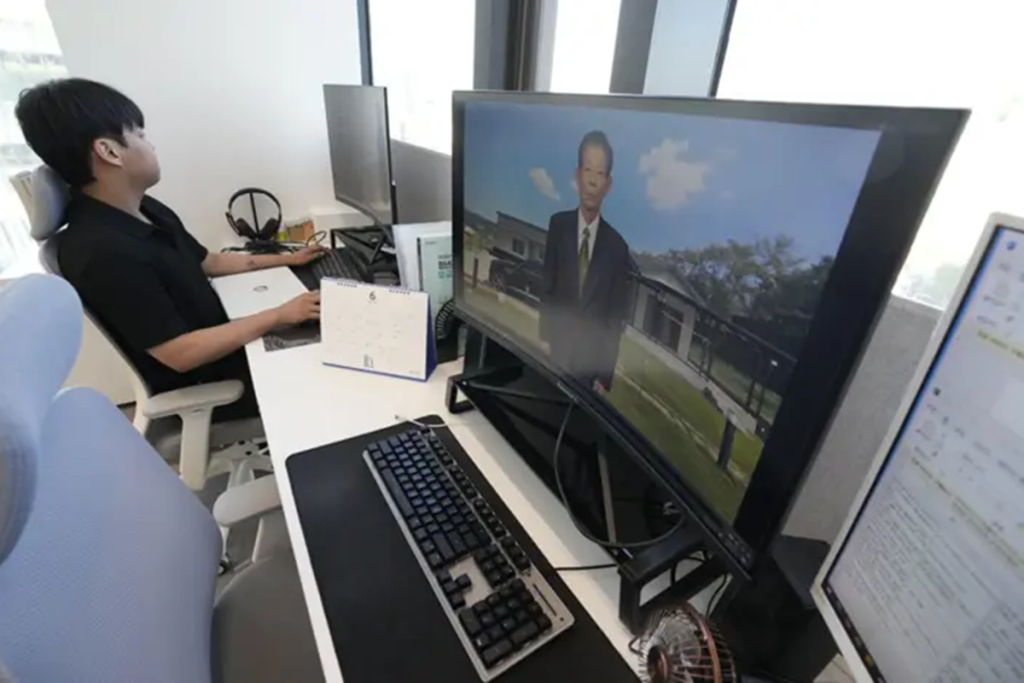 Ilustrasi teknologi AI yang menciptakan video digital orang yang telah meninggal untuk mengenang keluarga tercinta.