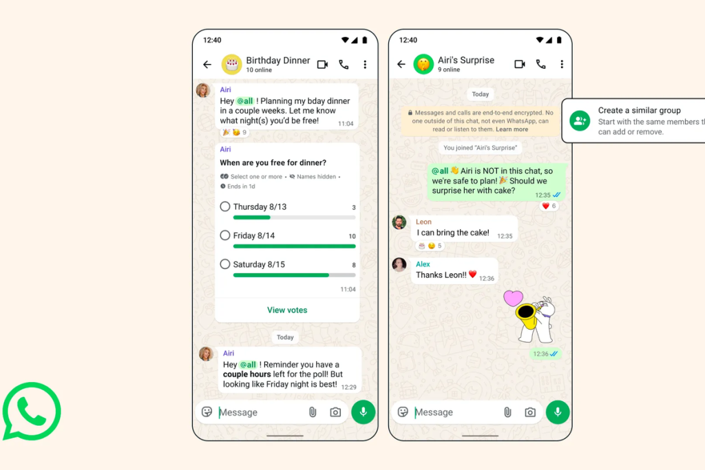 Ilustrasi fitur baru WhatsApp untuk grup berupa polling dengan batas waktu, mention @all, dan pembuatan grup baru.